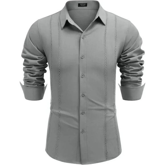 ❤️Mens Grey Cuban Shirt Casual Button Down Shirts Long Sleeve Beach  Shirts - Picture 5 of 7